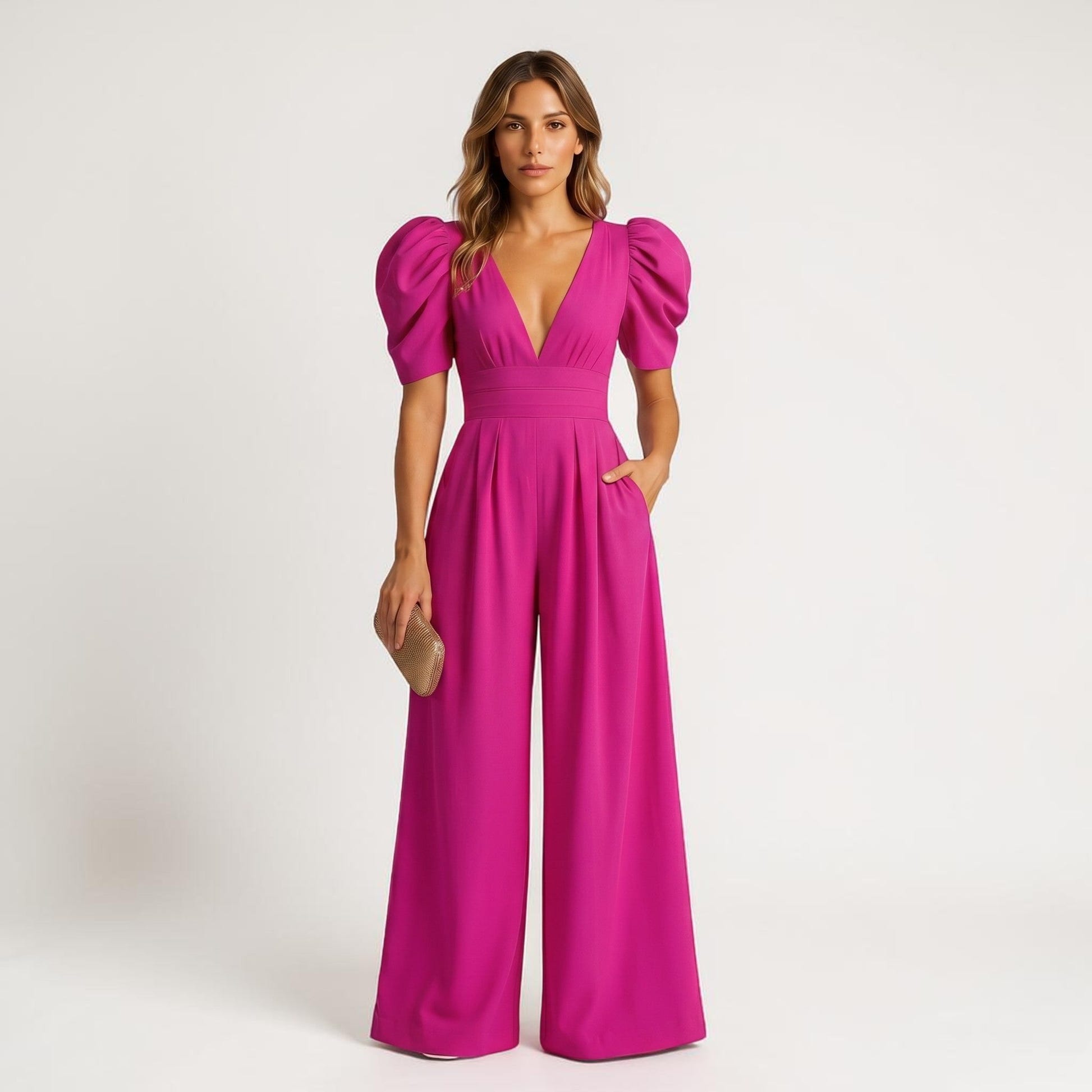 Renata | Deep V Neck Puff Sleeve Belted Wide Leg Elegant Jumpsuit