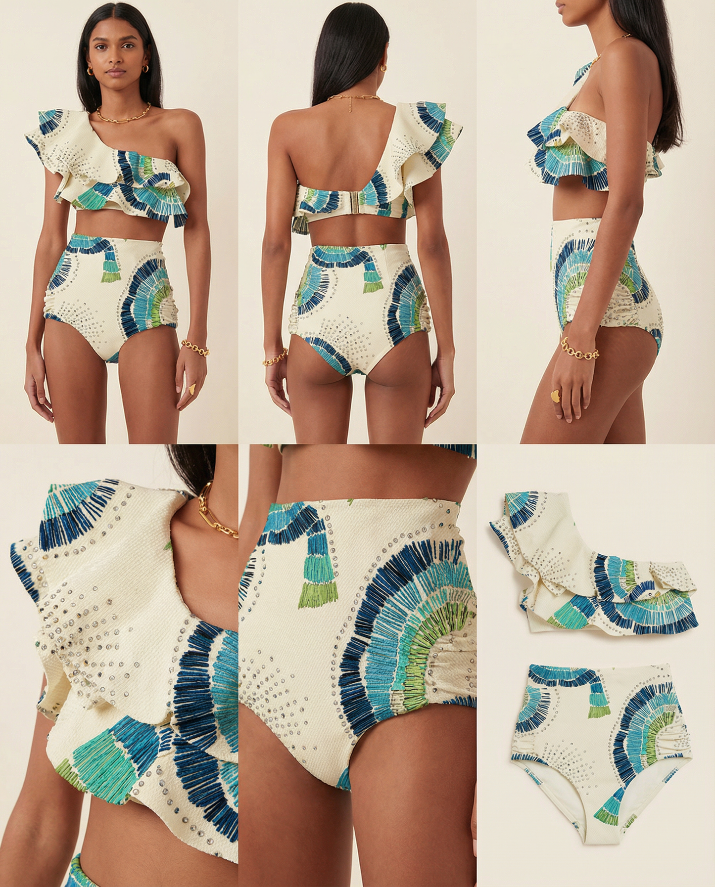 Siena | One Shoulder Ruffle Fan Print High Waist Bikini Set