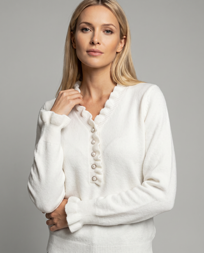 Kristi | Ruffle Trim V Neck Jewel Button Long Sleeve Knit Blouse