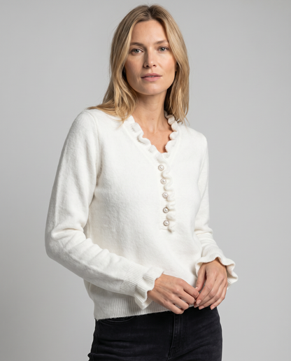 Kristi | Ruffle Trim V Neck Jewel Button Long Sleeve Knit Blouse