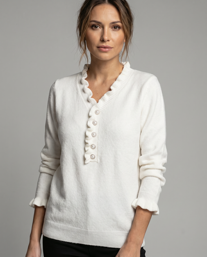 Kristi | Ruffle Trim V Neck Jewel Button Long Sleeve Knit Blouse