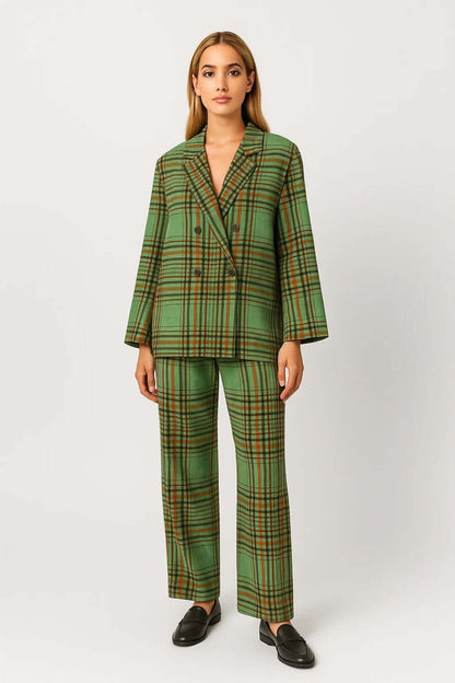 Elowin | Women's Checked Double-Breasted Straight-Leg Suit Set