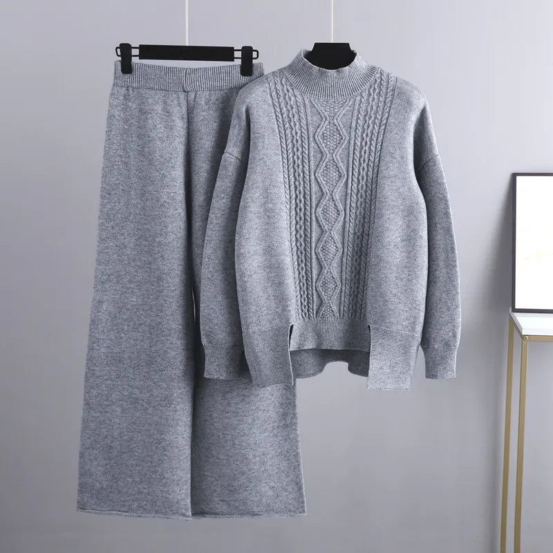 Roslyth | Women's Cable Knit High Neck Wide Leg Sweater Set