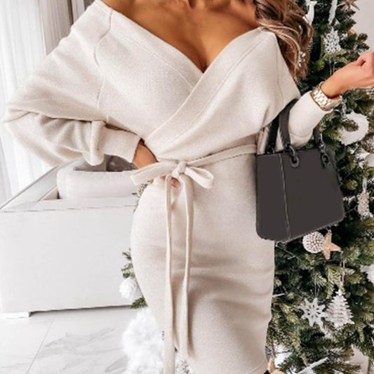 Vesper | Women's Knitted Wrap V-Neck Belted Sweater Dress