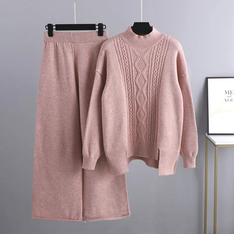Roslyth | Women's Cable Knit High Neck Wide Leg Sweater Set