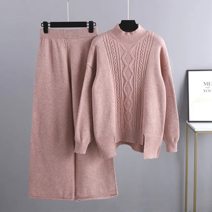 Roslyth | Women's Cable Knit High Neck Wide Leg Sweater Set