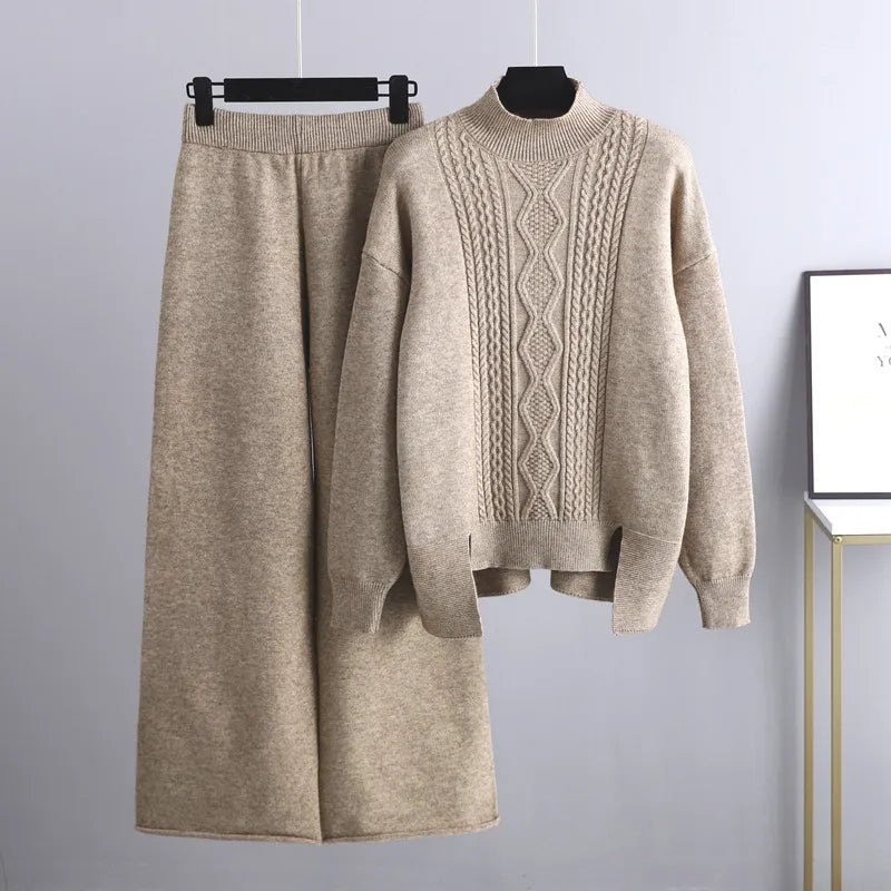 Roslyth | Women's Cable Knit High Neck Wide Leg Sweater Set