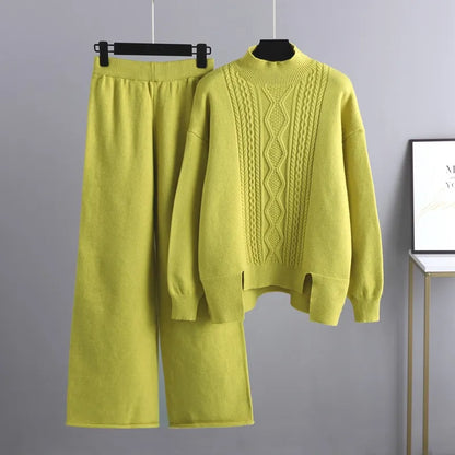 Roslyth | Women's Cable Knit High Neck Wide Leg Sweater Set