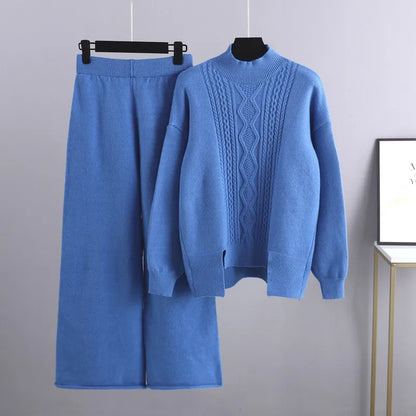 Roslyth | Women's Cable Knit High Neck Wide Leg Sweater Set