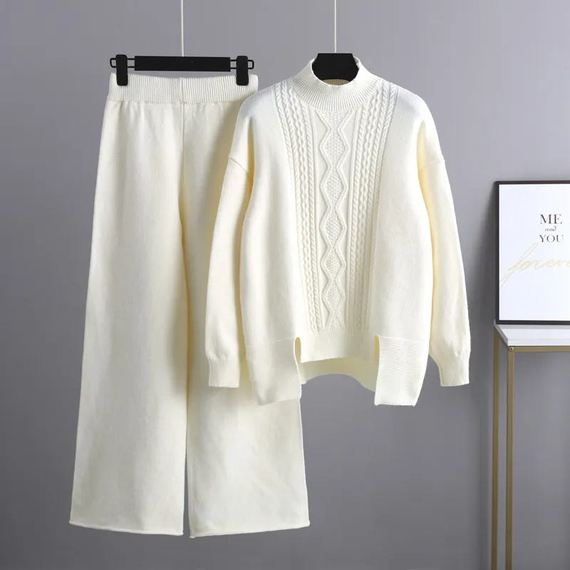 Roslyth | Women's Cable Knit High Neck Wide Leg Sweater Set