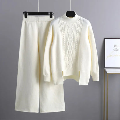 Roslyth | Women's Cable Knit High Neck Wide Leg Sweater Set