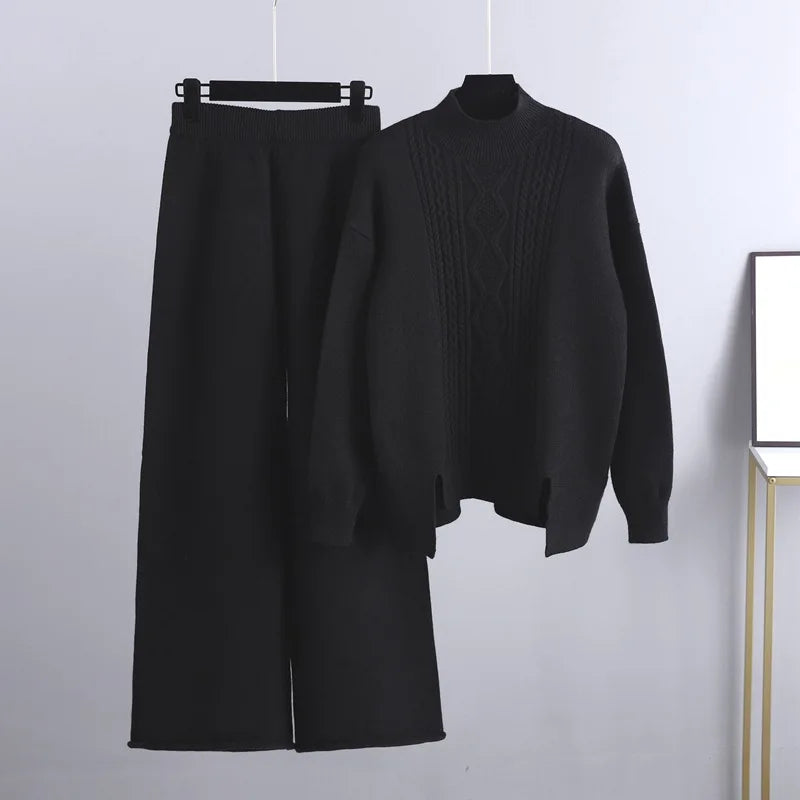 Roslyth | Women's Cable Knit High Neck Wide Leg Sweater Set