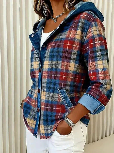 Marlebeth | Women's Hooded Plaid Denim Trim Shacket