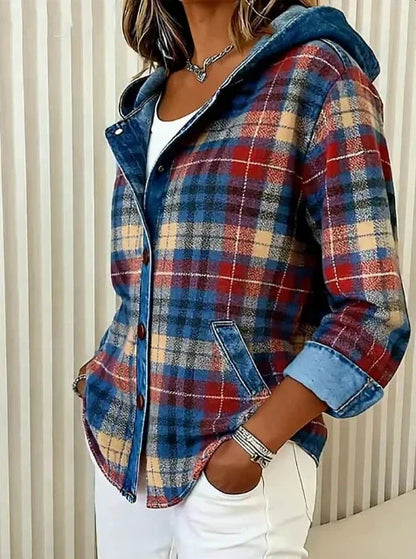 Marlebeth | Women's Hooded Plaid Denim Trim Shacket