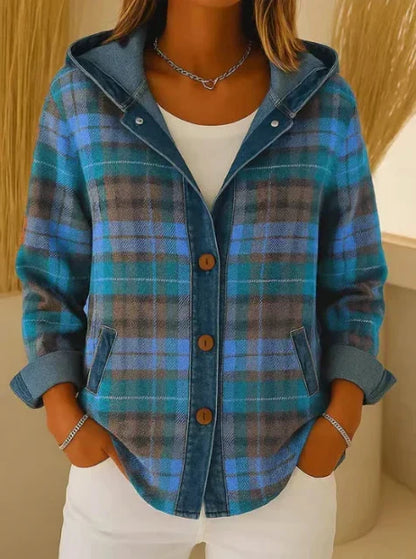 Marlebeth | Women's Hooded Plaid Denim Trim Shacket