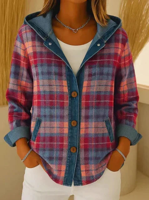 Marlebeth | Women's Hooded Plaid Denim Trim Shacket