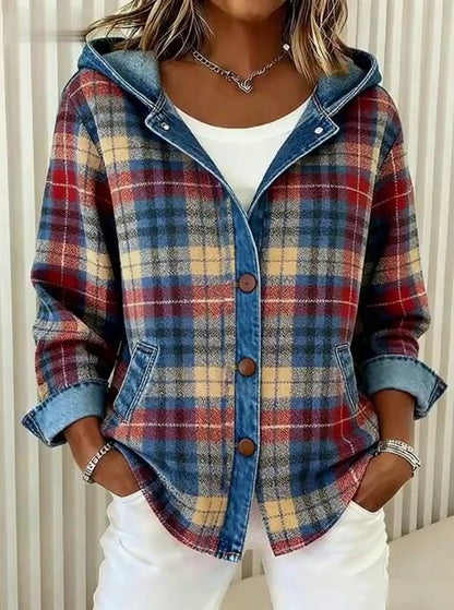 Marlebeth | Women's Hooded Plaid Denim Trim Shacket