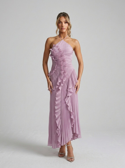 Cleo | Pleated Ruffle Halter Neck Maxi Wedding Guest Dress