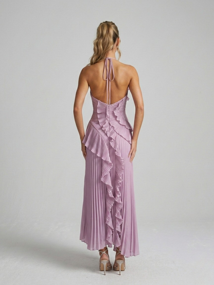 Cleo | Pleated Ruffle Halter Neck Maxi Wedding Guest Dress