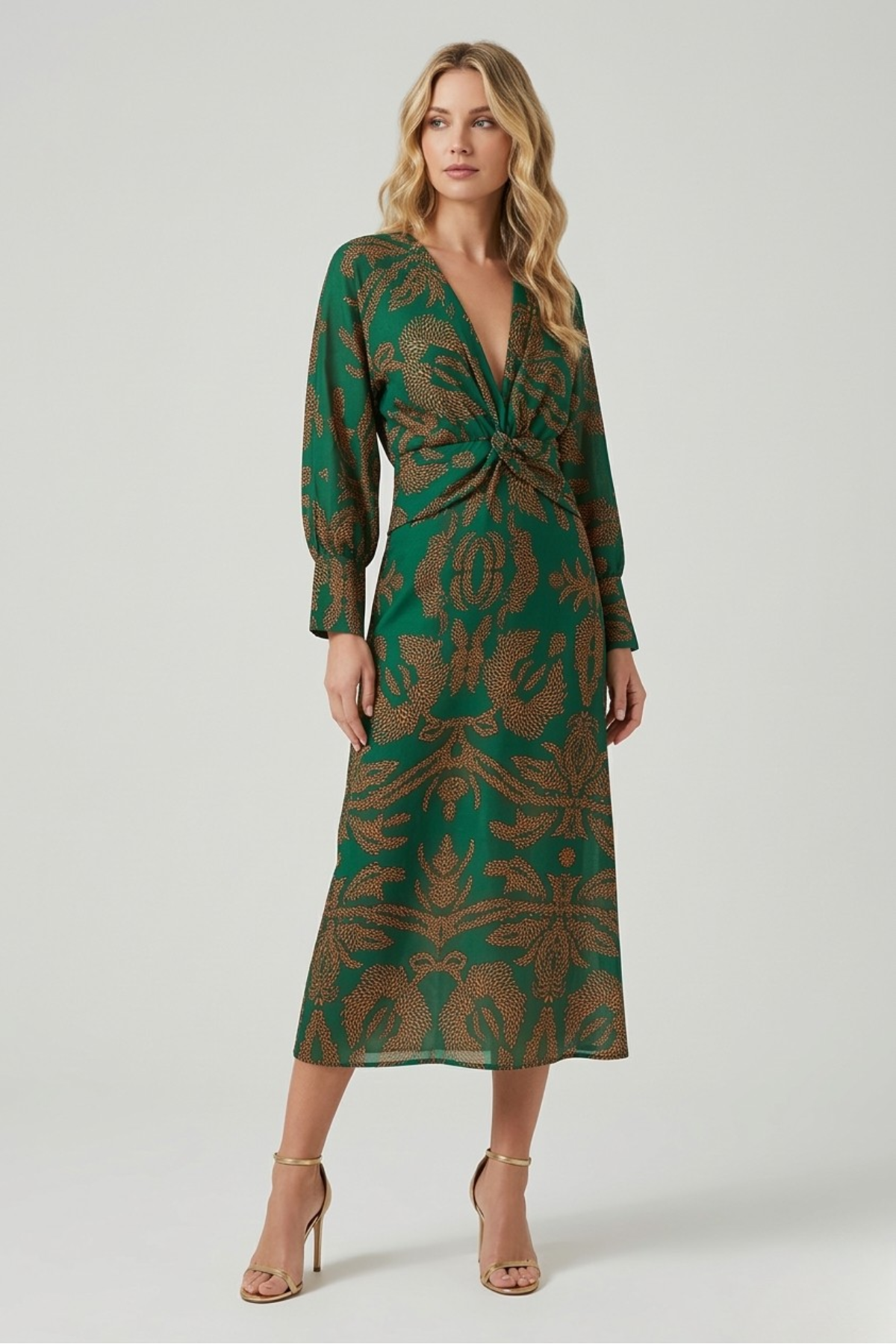 Faye | Printed Twist Front Deep V Neck Midi Dress