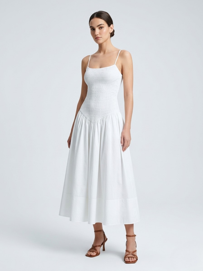 Jade | Shirred Bodice Spaghetti Strap Cotton Midi Dress