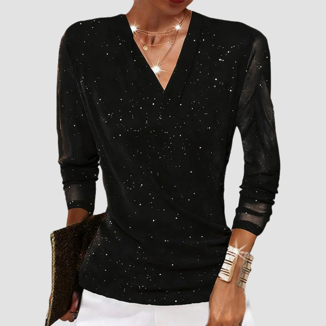 Maribel | Women's Draped V Neck Shimmer Long Sleeve Blouse