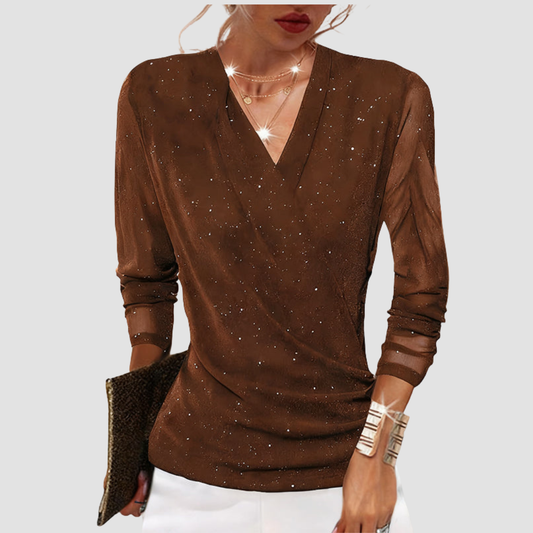 Maribel | Women's Draped V Neck Shimmer Long Sleeve Blouse
