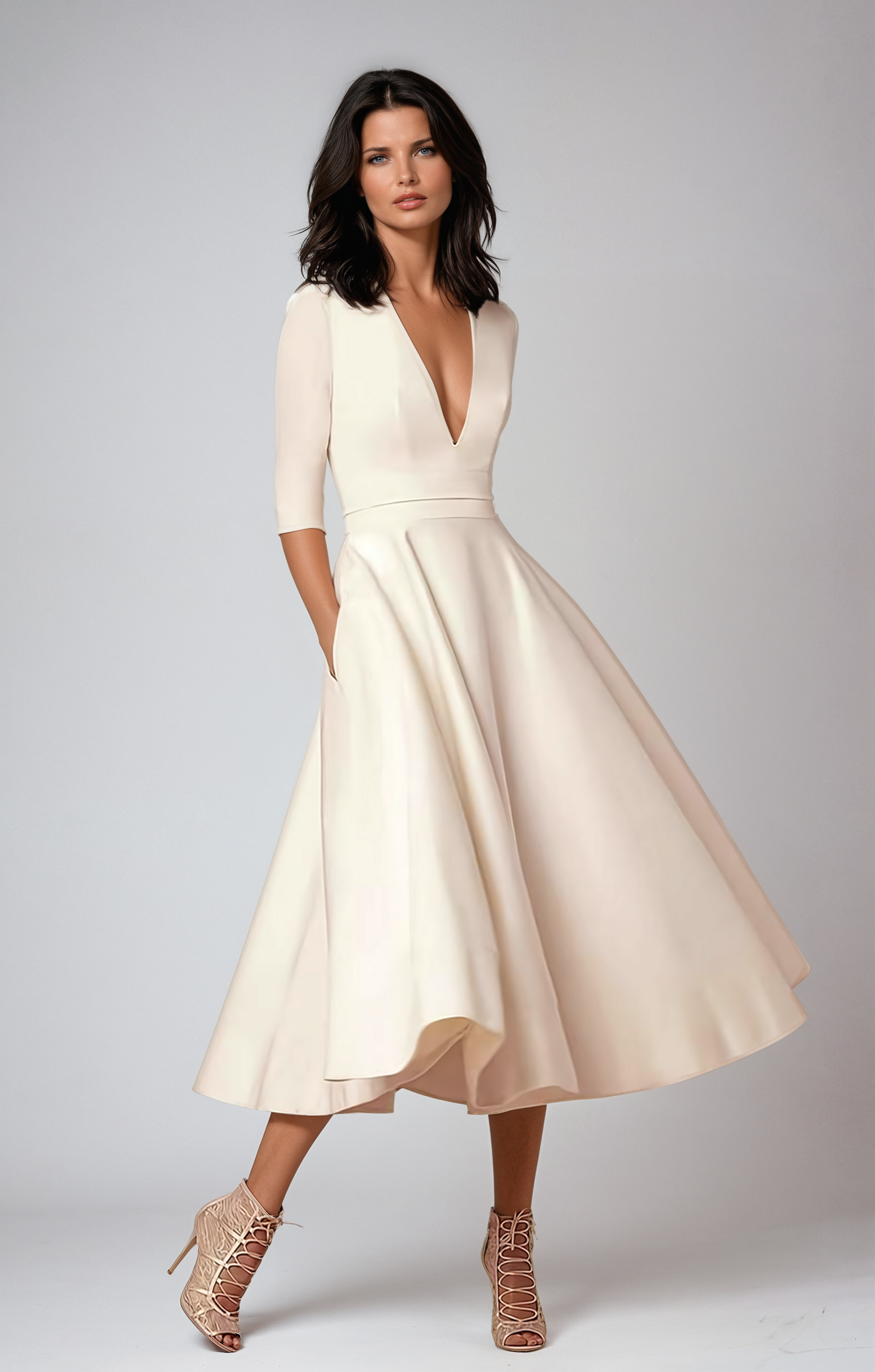 Ella | Deep V Neck 3/4 Sleeve Flared A-Line Midi Wedding Guest Dress
