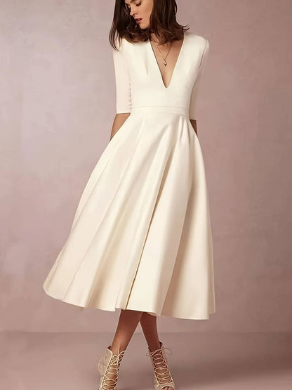 Ella | Deep V Neck 3/4 Sleeve Flared A-Line Midi Wedding Guest Dress