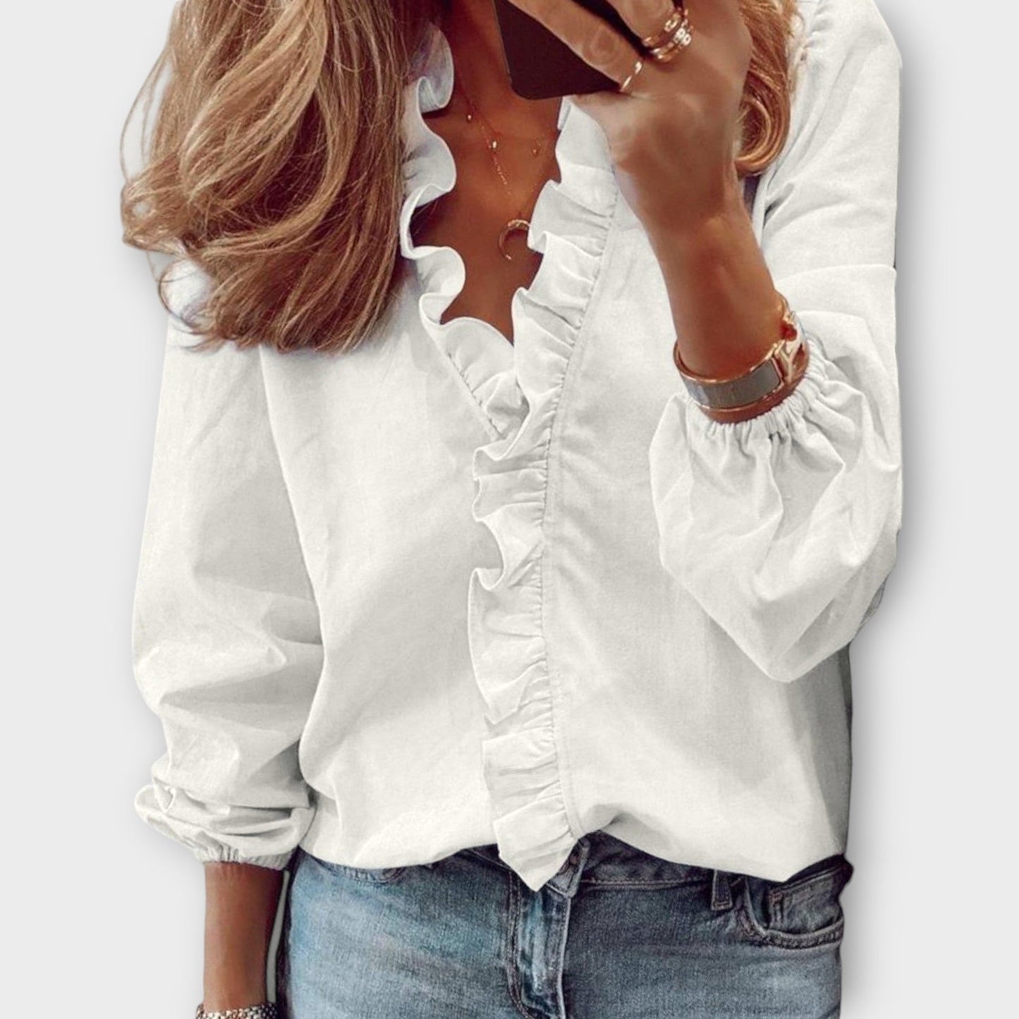 Isadora | Ruffle Trim V Neck Long Sleeve Elegant Blouse