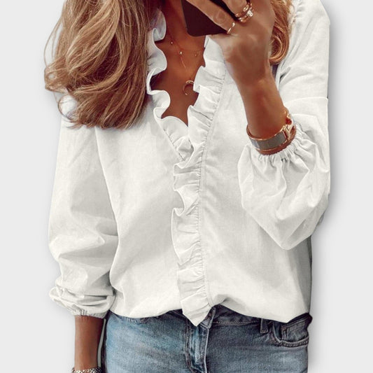 Isadora | Ruffle Trim V Neck Long Sleeve Elegant Blouse