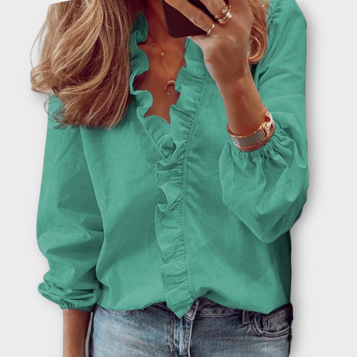 Isadora | Ruffle Trim V Neck Long Sleeve Elegant Blouse