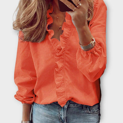 Isadora | Ruffle Trim V Neck Long Sleeve Elegant Blouse