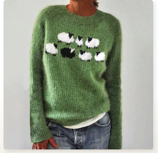 Fionnula | Women's Sheep Print Novelty Knit Christmas Pullover Sweater