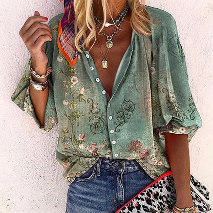 Isla | Boho Floral Print V Neck Button Down Long Sleeve Blouse