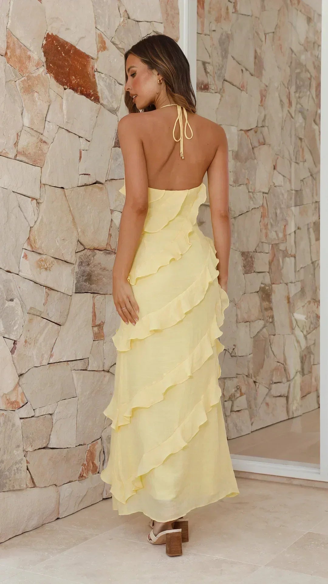 Mimi | Halter V Neck Cascading Ruffle Maxi Summer Wedding Guest Dress