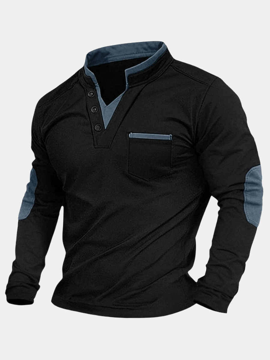  Garrick | Men's Henley Contrast Stand Collar Elbow Patch Long Sleeve Sweatshirt