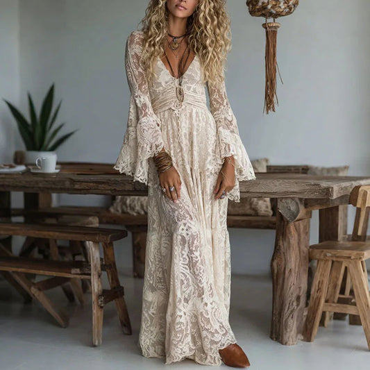 Ivory | Deep V Neck Lace Flare Sleeve Boho Maxi Dress