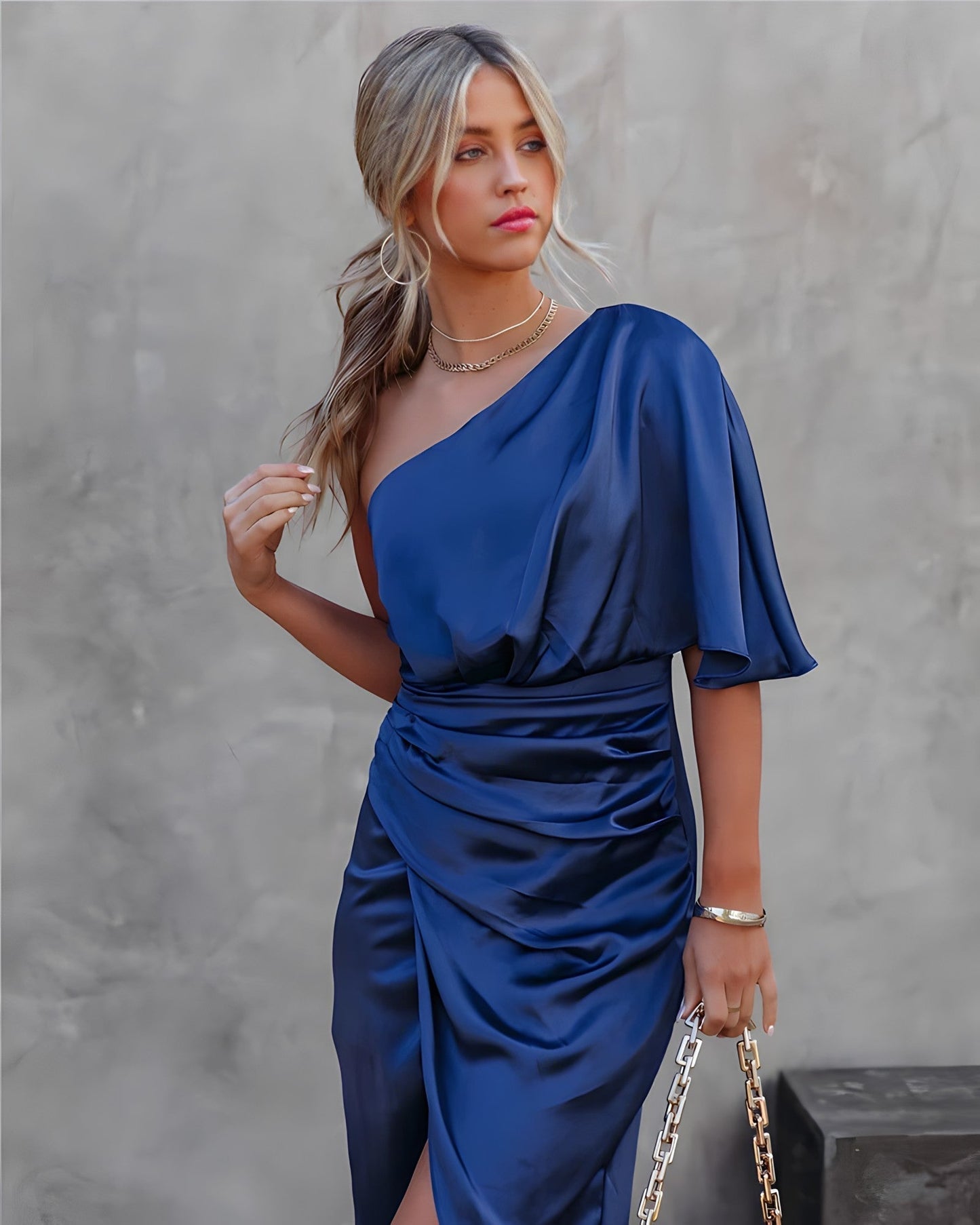 Liliana | One Shoulder Draped Waist Satin Midi Cocktail Dress