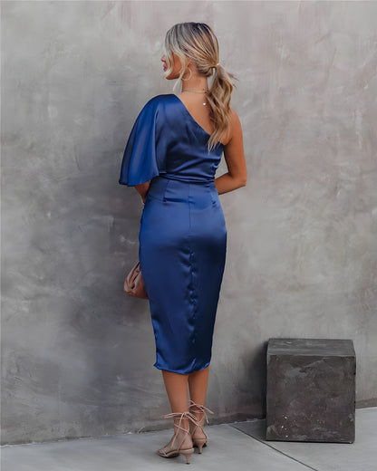 Liliana | One Shoulder Draped Waist Satin Midi Cocktail Dress