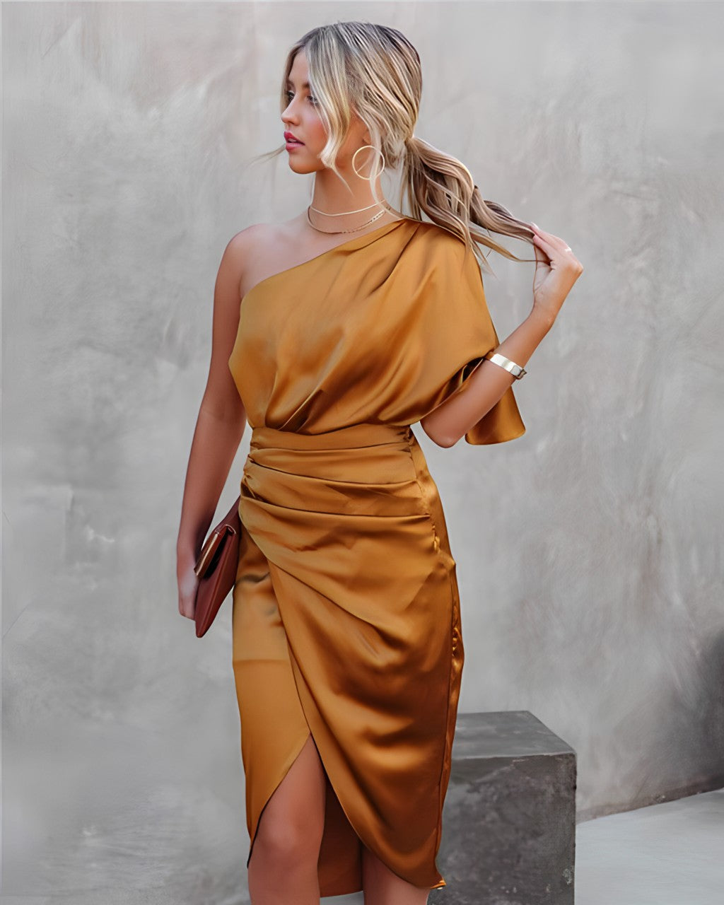 Liliana | One Shoulder Draped Waist Satin Midi Cocktail Dress