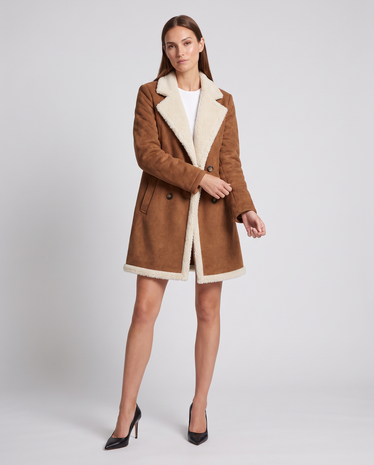 Marlowyv | Women's Shearling Lined Double Breasted Notch Lapel Winter Coat