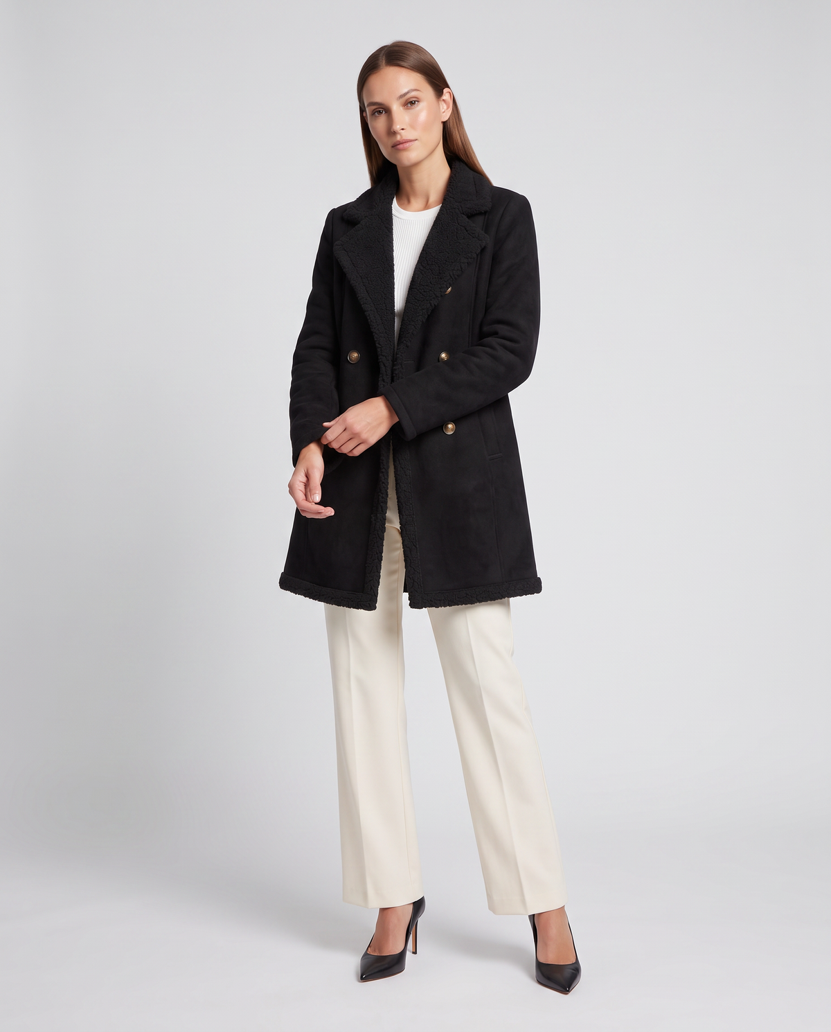 Marlowyv | Women's Shearling Lined Double Breasted Notch Lapel Winter Coat