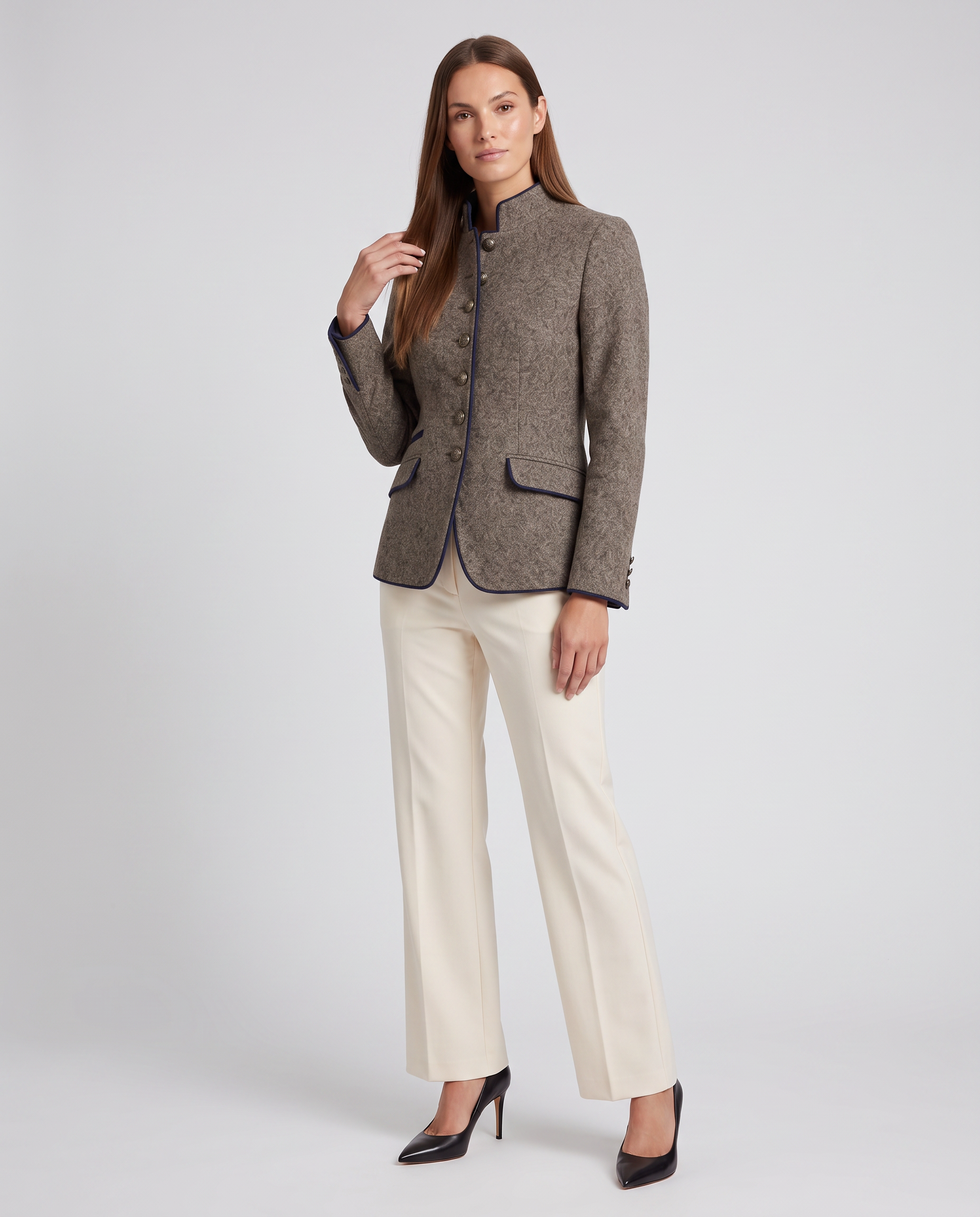 Adair | Women's Tailored Stand Collar Piped Wool Blend Blazer