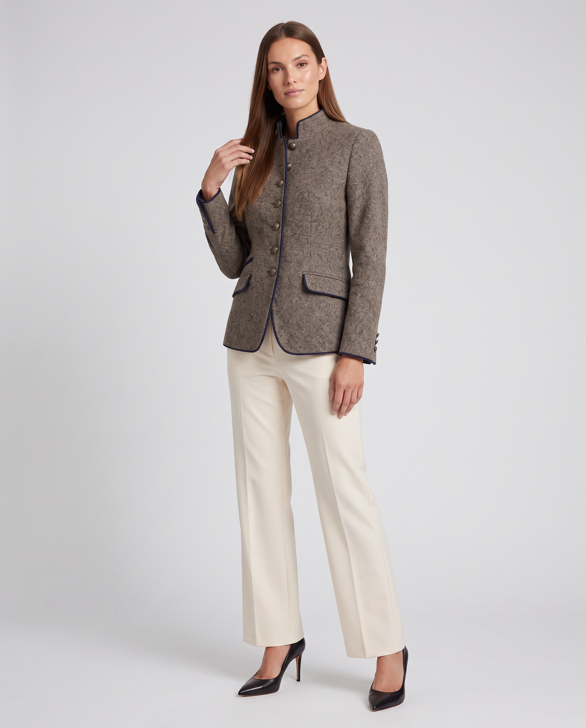 Adair | Women's Tailored Stand Collar Piped Wool Blend Blazer
