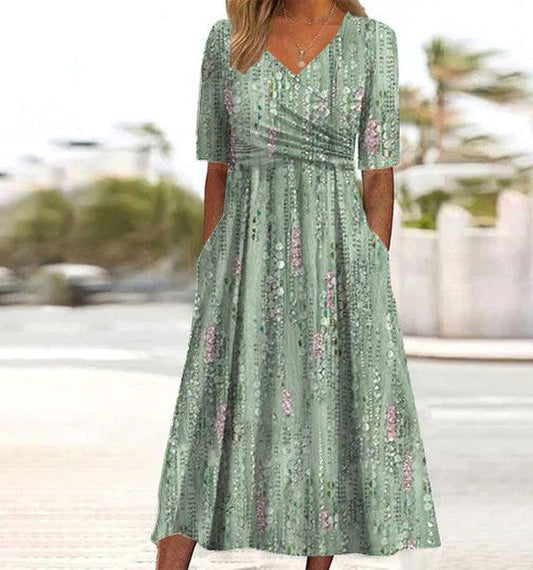 Audrey | Floral V Neck Short Sleeve A-Line Midi Casual Summer Dress
