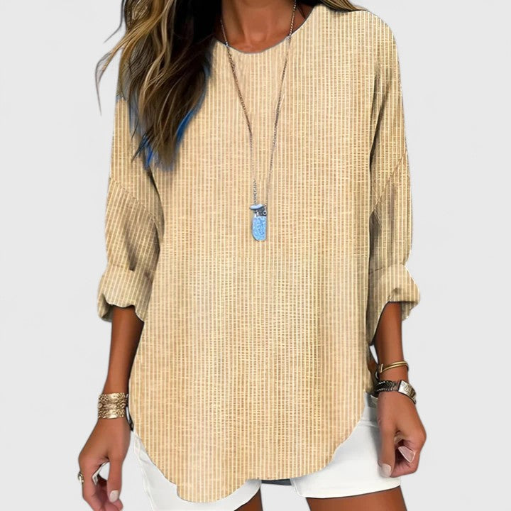 Cressida | Striped Round Neck Long Sleeve Relaxed Linen Blouse