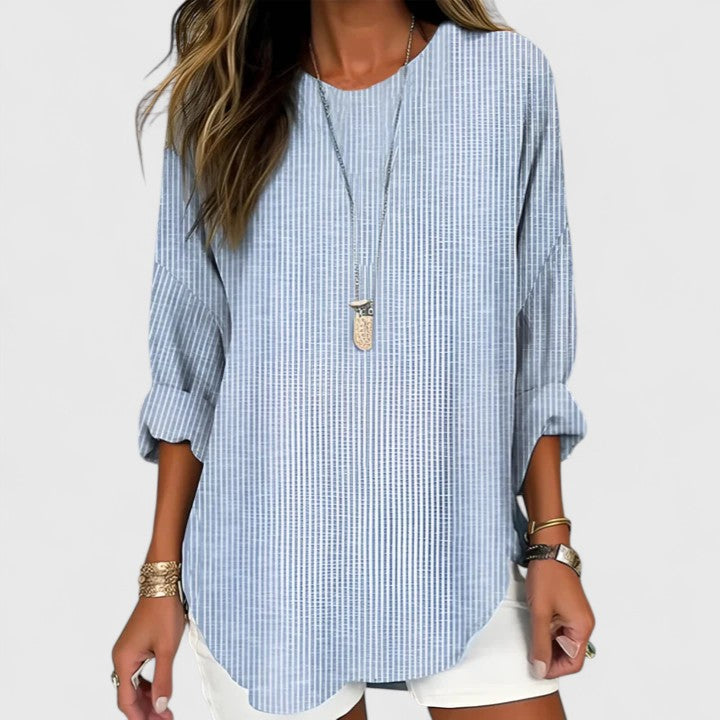 Cressida | Striped Round Neck Long Sleeve Relaxed Linen Blouse