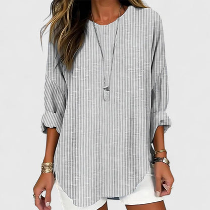 Cressida | Striped Round Neck Long Sleeve Relaxed Linen Blouse