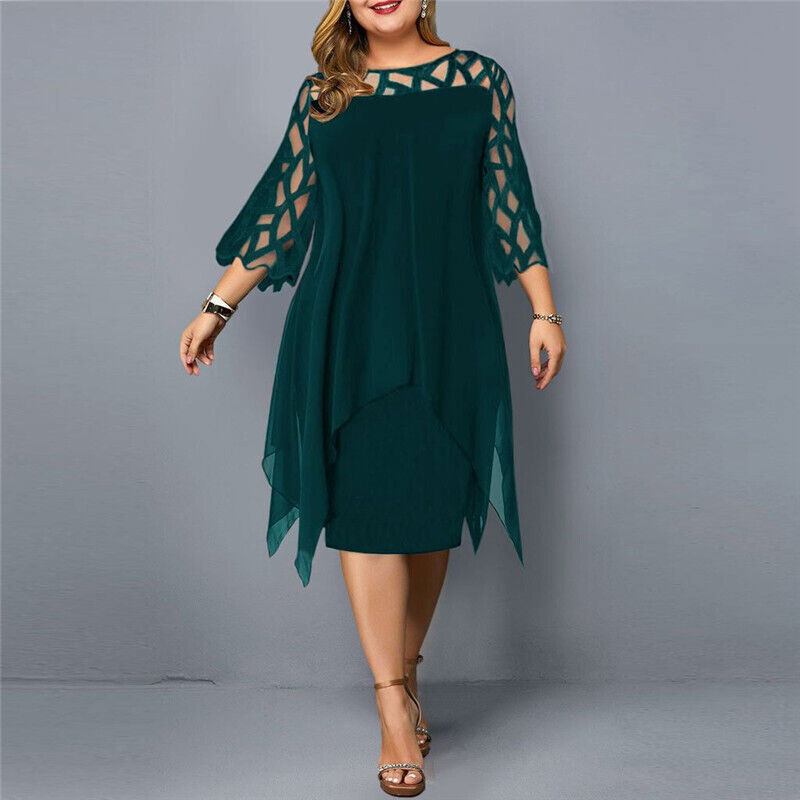 Madeline | Women's Plus Size Midi Dress Lace Mesh Overlay Elegant